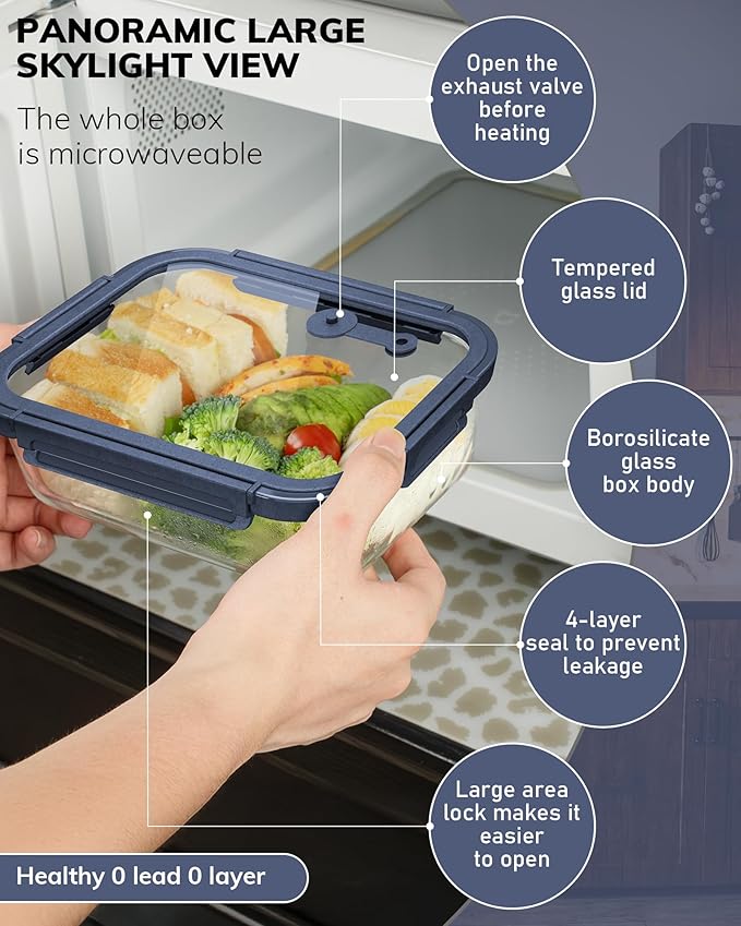 2-Pack Glass Food Storage Containers with Tempered Lids (21.3oz/2.7cup) - Airtight Snap Lock, Microwave & Oven Safe (-4?? 950째F), Freezer to Baking Dish, BPA-Free, Gift Box (Blue)