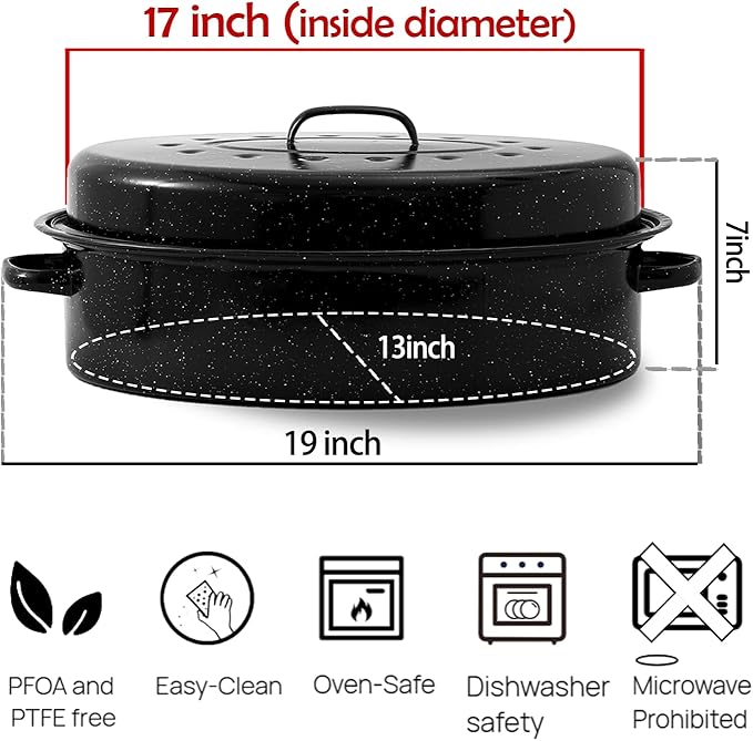 19??Turkey Roasting Pan Enamel Oval Granite Large Roaster Pan with Lid with 17in Inner Diameter Large Capacity Suitable for Thanksgiving Enamel Cook Ware Dishwasher Compatibility Oven Christmas Gift