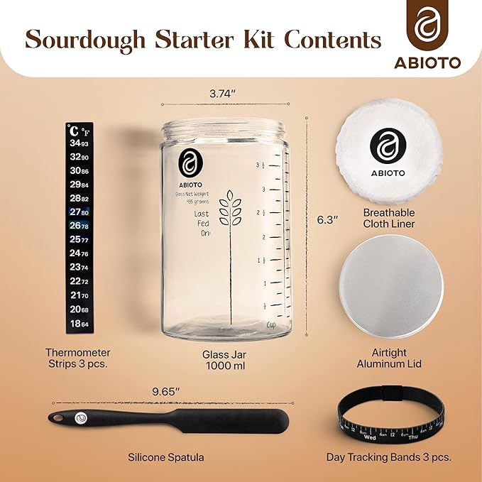 Sourdough Starter Jar Kit, Includes 34 oz Sourdough Starter Jar with Metallic Lid, Silicone Spatula, Feeding Tracker, Extra Thermometer Strips & Breathable Covers ??Sourdough Bread Starter Kit