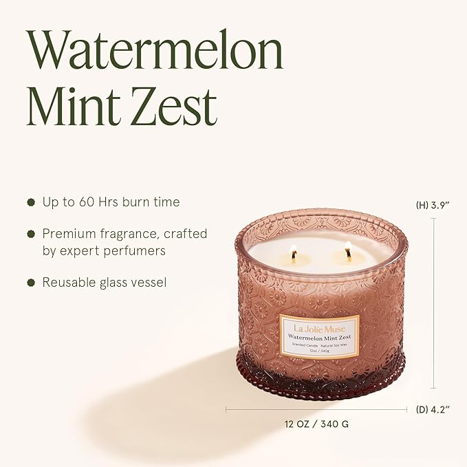 LA JOLIE MUSE Watermelon Mint Zest Candle - Eucalyptus, Sage, Lavender | 12 oz Large 2-Wick Soy Wax Candle | 60 Hours Clean Burn | Gift-Ready for Hosts & Gatherings | Elegant Home D챕cor