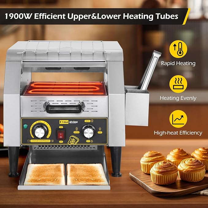 Dyna-Living Commercial Toaster 300 Slices/Hour Conveyor Toaster Commercial 1900W Heavy-duty Stainless Steel Rotating Toasters Oven Restaurant Conveyor Belt Toasters for Bun, Bagel, Bread