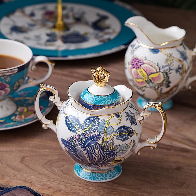 ACMLIFE Tea Sets for Adults for 6 - Tea Pot Sets with Cups Blue, Tea Sets for Women Tea Party, Fine Bone China 24K Gold, Vintage British English Porcelain Afternoon Service Sets for Luxury Gift