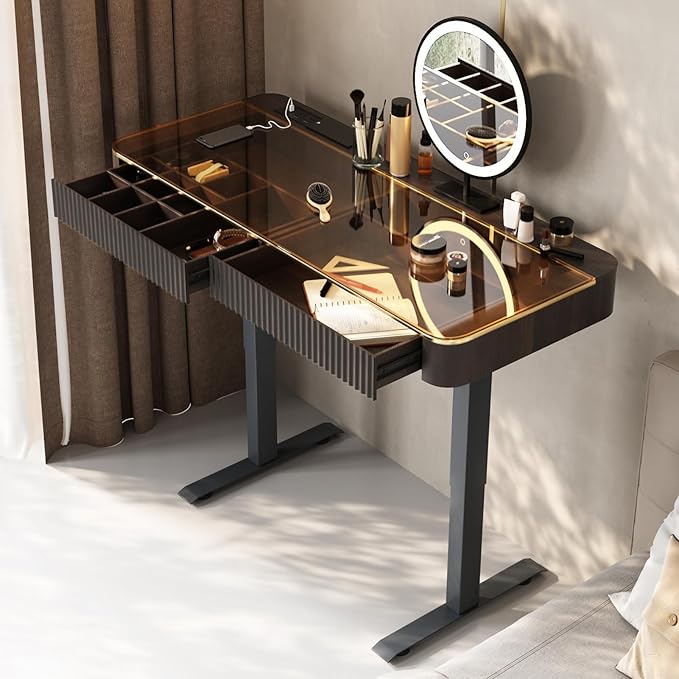 Lartis Vanity Table with Stool,Electric Lift Vanity Desk,Vanity Set竊똗p and Down Desk, Standing Vanity with Drawer (Black Brown, 50 in)