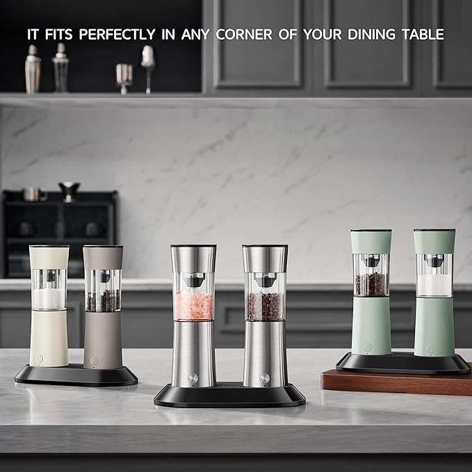 Electric Salt and Pepper Grinder Set?밬SB-C Rechargeable Charging Base Pepper Mill, Dual LED Light, Adjustable Coarseness,One-Handed Operation, Stainless Steel Sage Green Finish,2pack