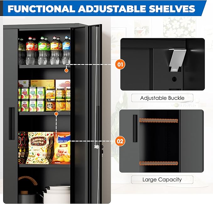 INTERGRAET 63" Tall Pantry Cabinet,Kitchen Pantry Storage Cabinets with 2 Doors and 4 Shelves,Black Metal Storage Cabinet,Cupboard for Home,Kitchen,Living Room/Dining