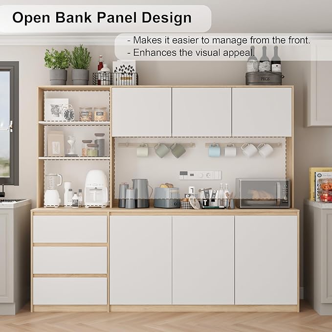 Extra Large Kitchen Pantry with Microwave Shelf, Kitchen Hutch Storage Cabinet with Countertop, Freestanding Countertop Cabinet with 3 Drawers and 3 Open Shelves, White + Walnut