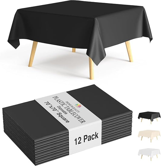 Party Solids 12-Pack Black Square Plastic Disposable Tablecloth ??Size: 70 횞 70 Inches ??Square Table Cover for Parties, Picnics & Formal Events