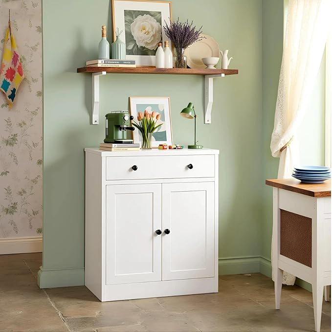 CJF Metal Buffet Cabinet, Coffee Bar Cabinet with Drawer & Adjustable Shelf, Sideboard Cabinets for Kitchen, Coffee Bar, Bathroom, Entryway, Home Office, Pantry-White
