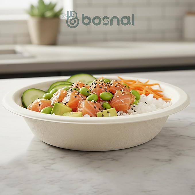 BOSNAL 10 Inch Round Plates with 16 oz Bowls ??25 Plates, 25 Bowls,100% Plant-Based Sugarcane Bagasse, Eco-Friendly Disposable Dinnerware for Hot & Cold Meals, Microwave Safe