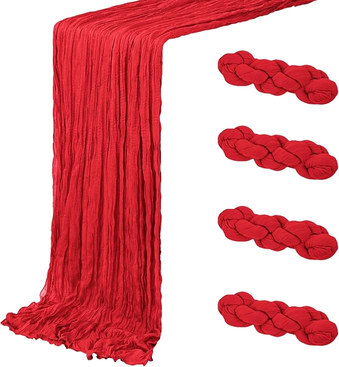 4 Pack Red Cheesecloth Table Runner 20 x 120 inch Gauze Table Runners 10 FT Long,Semi Sheer Boho Cheese Cloth Fabric Table Runner Bulk for Party,Wedding,Baby Shower,Bridal Shower Decoration