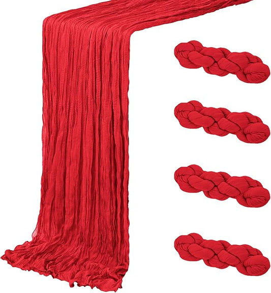 4 Pack Red Cheesecloth Table Runner 20 x 120 inch Gauze Table Runners 10 FT Long,Semi Sheer Boho Cheese Cloth Fabric Table Runner Bulk for Party,Wedding,Baby Shower,Bridal Shower Decoration