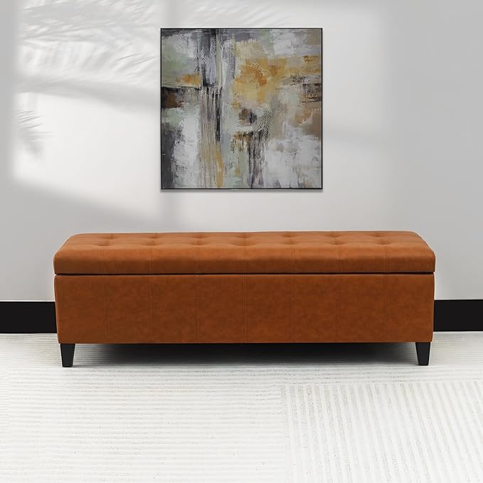 Joveco 51 Inch Storage Ottoman Bench,Tufted Leather Storage Bench for Bedroom (51??Dark Orange)