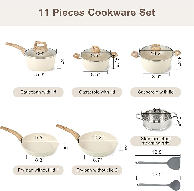 11 Pcs Pots and Pans Set, Nonstick Cookware Set with Lids and Wooden Handles, Silicone Spoons & Spatulas, Non-toxic Healthy Kitchen Cooking Set, PFAS & PFOA Free