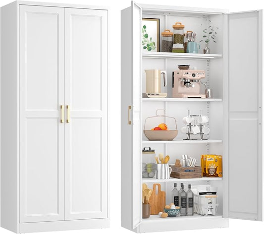 71" Kitchen Pantry Storage Cabinet,White Tall Storage Cabinet With Doors and 4 Shelves,Metal Food Pantry Cabinets for Kitchen Storage,Freestanding Cupboard for Dining Living Room,Assemble Required