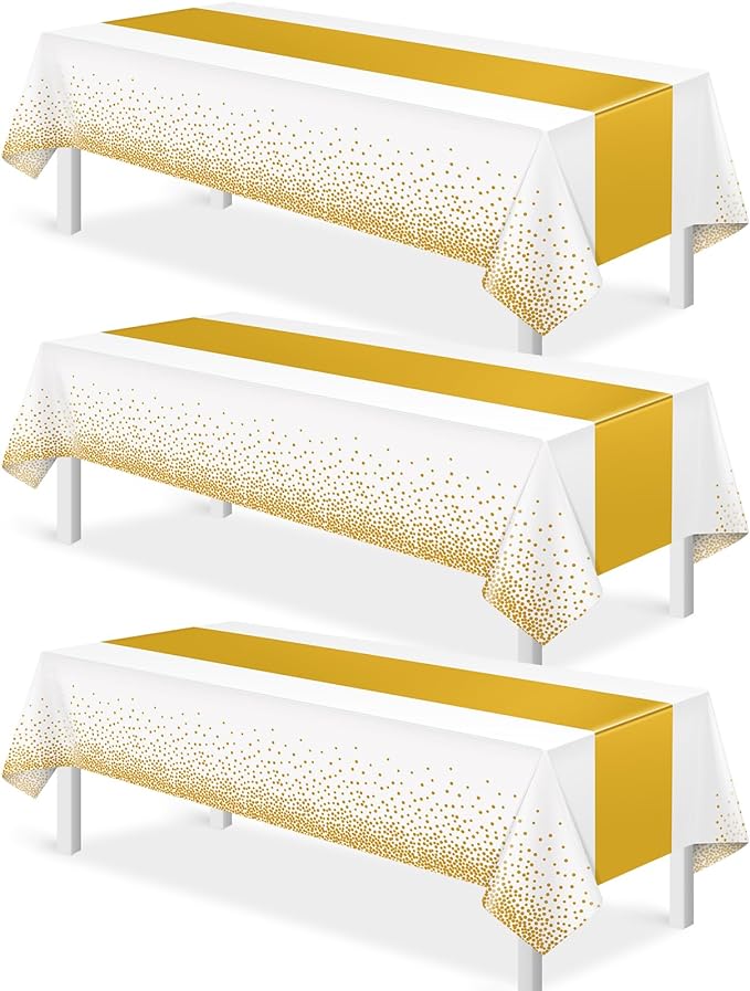 3Pcs White and Gold Tablecloth Party Decorations,Plastic White Table Cloth Printed Gold Table Runner Disposable Rectangle Table Cover for Birthday Wedding Anniversary Graduation Party,54 x108 Inch