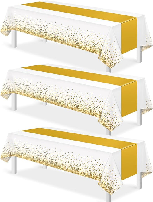 3Pcs White and Gold Tablecloth Party Decorations,Plastic White Table Cloth Printed Gold Table Runner Disposable Rectangle Table Cover for Birthday Wedding Anniversary Graduation Party,54 x108 Inch