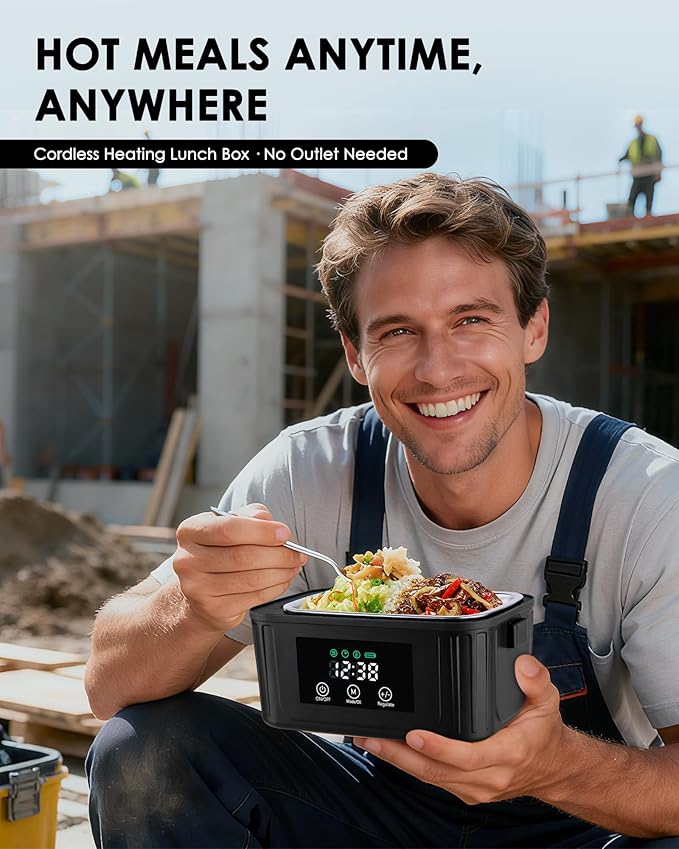 Aurevit Cordless Electric Lunch Box for Adults, 1.4L Heated Lunch Box for Men with Smart Meal Scheduling & Auto Keep Warm, Portable Food Warmer for Car with Insulated Bag, Ice Pack (Meteorite Black)