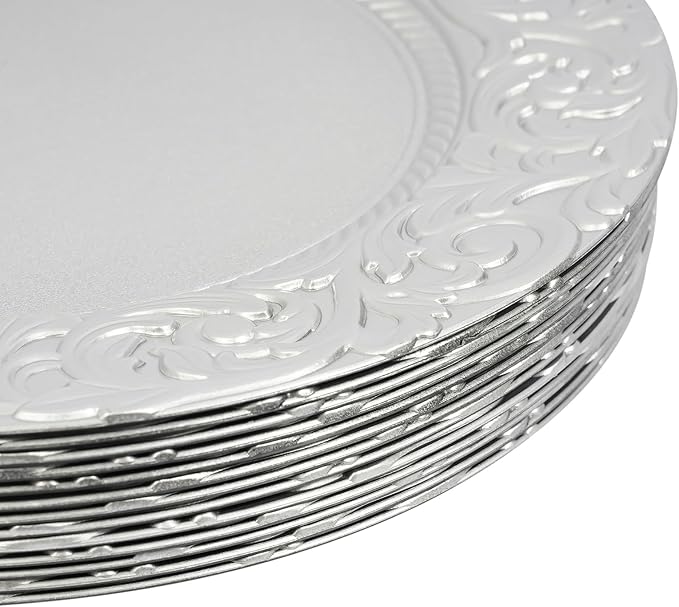 150pcs Silver Charger Plates, 13" Round Reusable Decorative Flower Relief Carving Bulk Chargers for Dinner Plates, Wedding, Bridal Shower