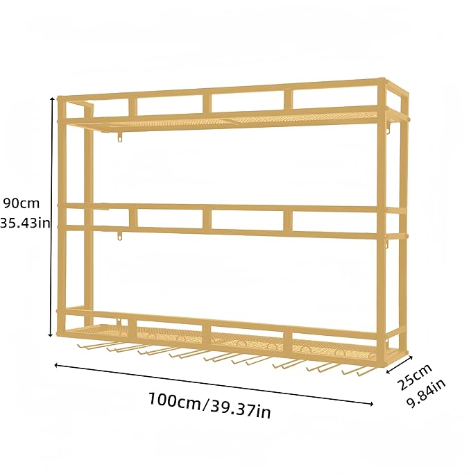 39 Inch Metal Wine Rack Wall Mounted, Bar Shelves for Liquor Bottles with LED Light, 3 Tier Large Capacity Liquor Rack Wall Mounted with Glass Holder for Home Bar & Dining Room, Gold