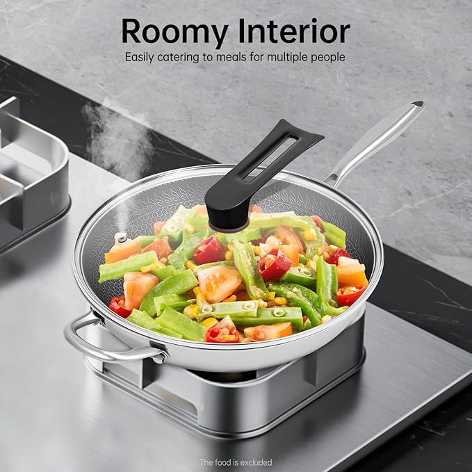 Wok Pan, 13.4 inch Stainless Steel Honeycomb Non Stick Stir Fry Pan with Lid and Stay-Cool Handle PFOA Free Cookware for Induction Gas Electric & Ceramic Cooktops Dishwasher