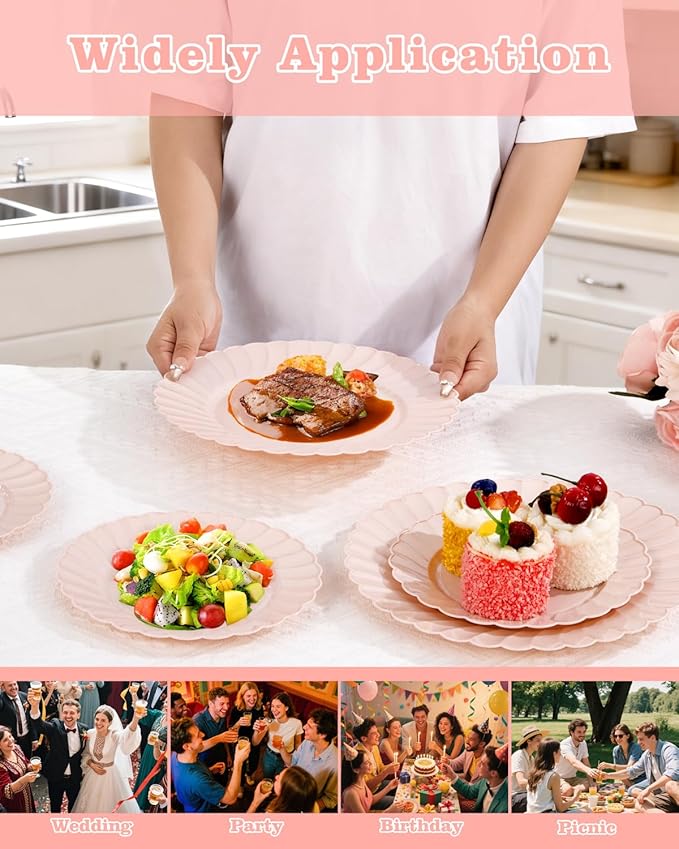 YOUBET 100PCS Pink Scalloped Plastic Plates - Heavy Duty Pink Disposable Fancy Hard Plates Include 50 Dinner Plate, 50 Dessert Plate, for Wedding & Party Valentines Day