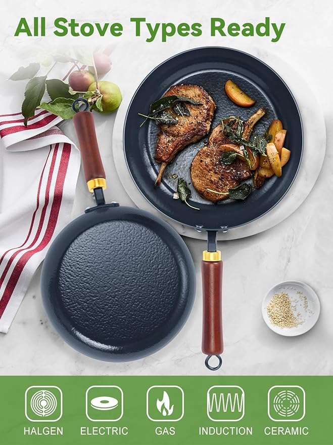 Nonstick Frying Pan, 11-Inch Enameled Carbon Steel Pan, Stay-Cool Wooden Handle Stir-Fry Pan, Non Toxic, PTFE & PFOA Free Oven-Safe, Season-Free Carbon Steel Skillet For All Stovetops