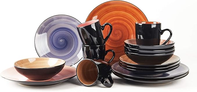 16-Piece Dinnerware Set - Serves 4, Black and Speckled Purple Plates & Bowls Set | Microwave & Dishwasher Safe Mix Cobalt, Mocha, Rose, Spice