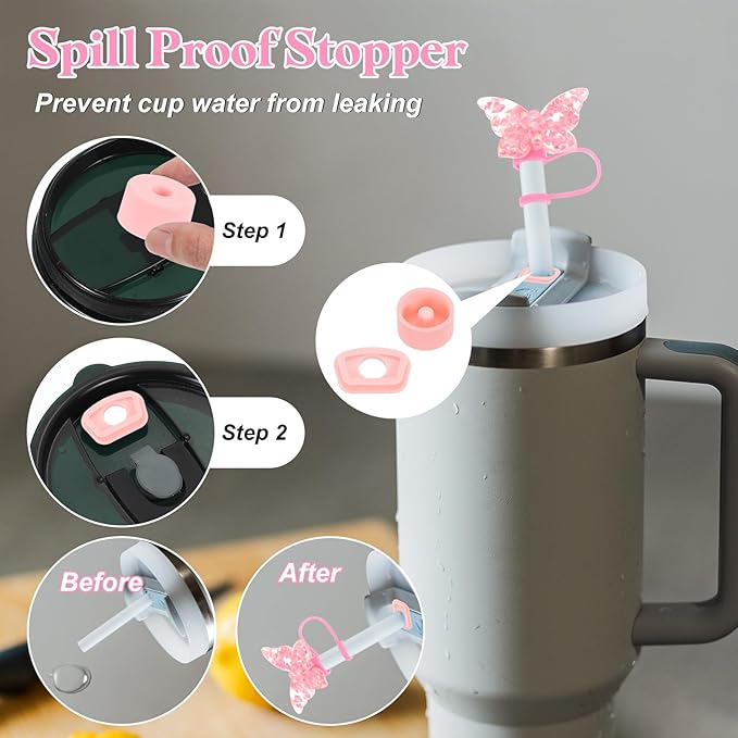 uxcell 8Pcs Cup Accessories Set for Cup Tumbler with Handle, Including Silicone Straw Cover, Boot, Spill Proof Stopper, Handle Charm, Initials Sticker(Letter W, Pink)