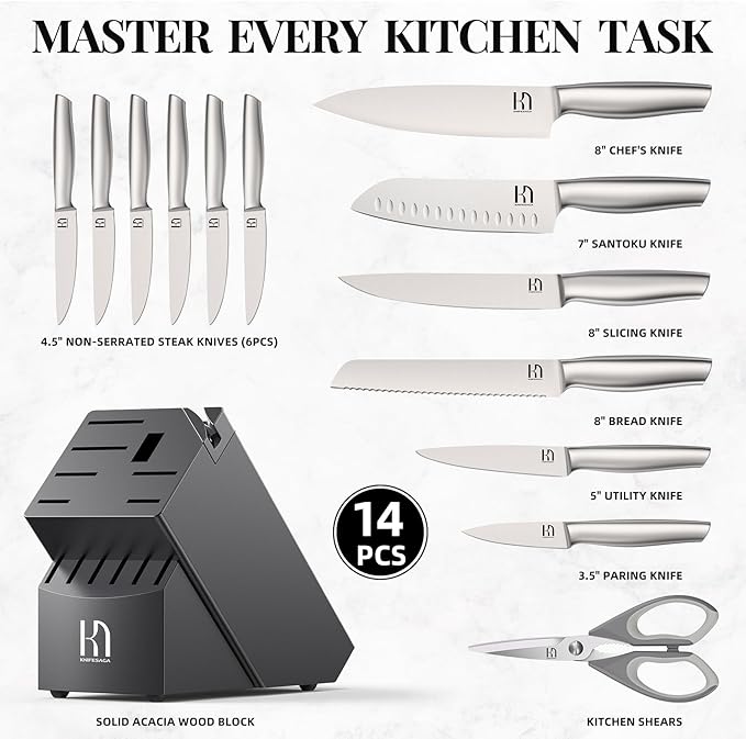 Knife Set Premium, Japanese 14 Pcs Kitchen Knife Block Set Enduring Razor Sharp High Carbon Stainless Steel, Black Chef Knives Set with Built-in Sharpener and Quality Acacia Wood Block