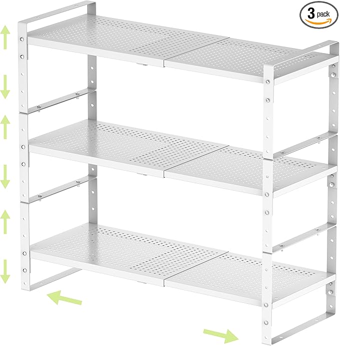 Expandable Shoe Rack Heavy-Duty Closet Organizer Adjustable Shelf Stackable Metal Framework for Entryway, Garage,RV,Pantry,Cabinet(Medium,3 Packs/White)