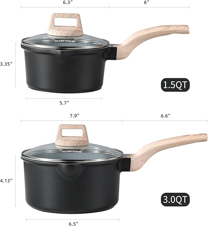CAROTE 1.5Qt & 3.0Qt Sauce Pan Set with Lid Nonstick Ceramic Saucepan with Pour Spout 4 Pcs Sauce Pots Non-Toxic Cooking Pots (Black/Gray)