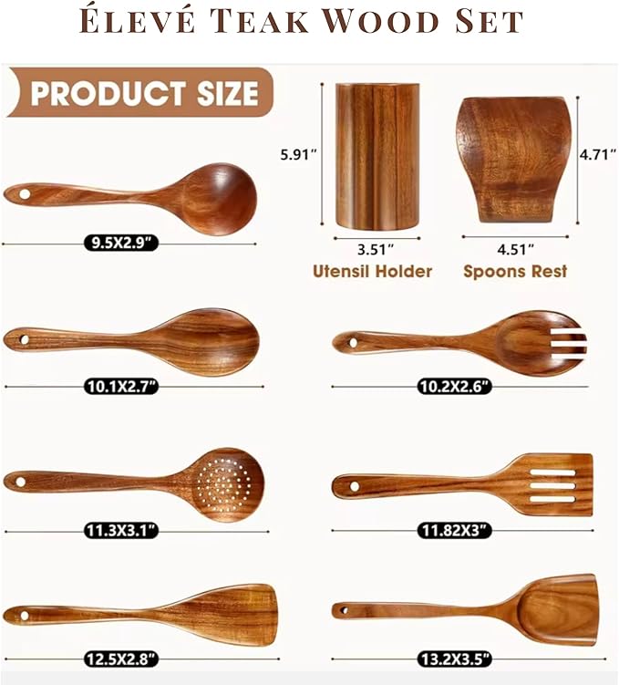 Natural Teak Wooden Spoons for Cooking & Serving Spoons | 9-Piece Home and Kitchen Wooden Utensil Set with Utensil Holder & Spoon Rest | Durable and Non-Stick Wooden Kitchen Utensils Set