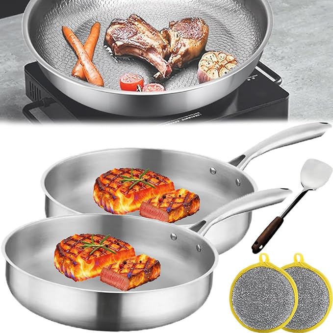 Stainless Steel Hammered Pan Pro, Titanium Full-Screen Honeycomb Wok, Fast Heating, Non-Stick Titanium Pan Without Coating, Includes Spatula and Cleaning Brush for All Cooktops (11in silver*2)