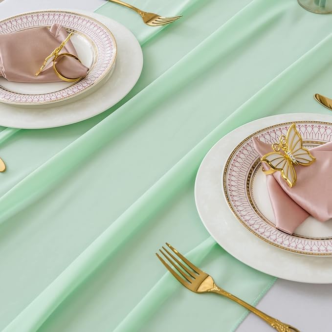 flohar 12Pack 9ft Chiffon Table Runner14x108 Inch Sheer Romantic Table Runner for Wedding Birthday Party Bridal Shower Outdoor Decoration-Mint