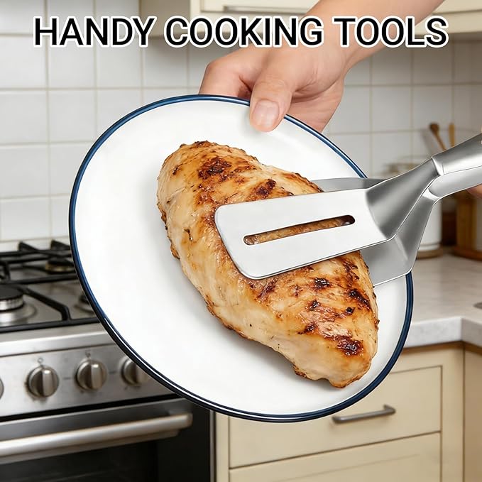 Stainless Steel Grill Clamp, 10 Inch Steak Clamps Anti-Scald Extended Handle Spatula Tongs Versatile Kitchen Tongs Food Flipping Tool for Bread Hamburger BBQ Meats Pizza Pies Bread Fish (3)