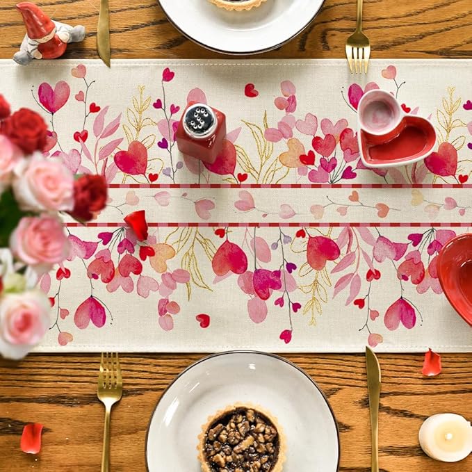 Artoid Mode Red Pink Heart Branch Valentine's Table Runner, Seasonal Leaf Kitchen Dining Table Decoration for Home Party Decor 13x36 Inch