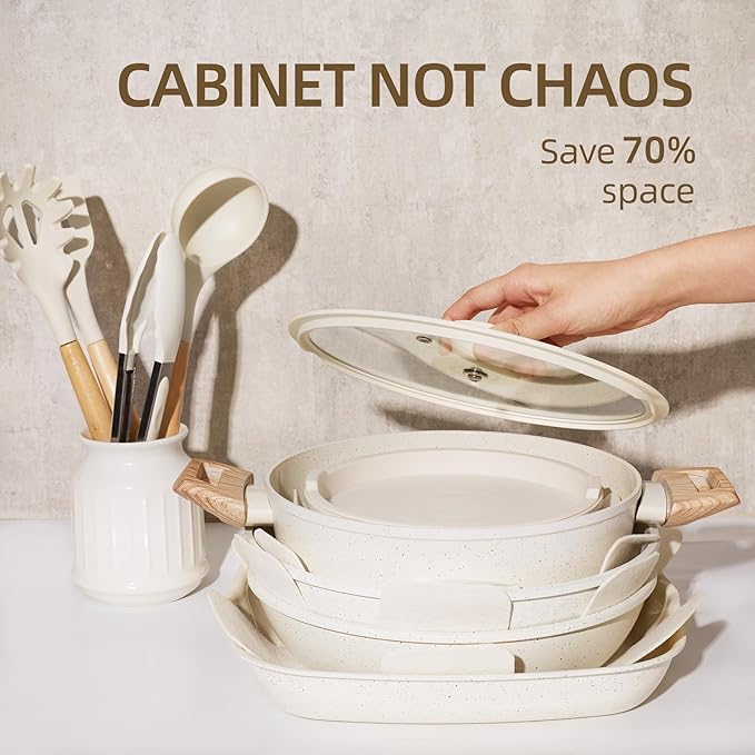 23PCS Ceramic Pots and Pans Set,Nonstick, Removable Handle Pots and Pans Set, Stackable Pan Set, Ceramic Nonstick Pan Non Stick for Easy Cooking