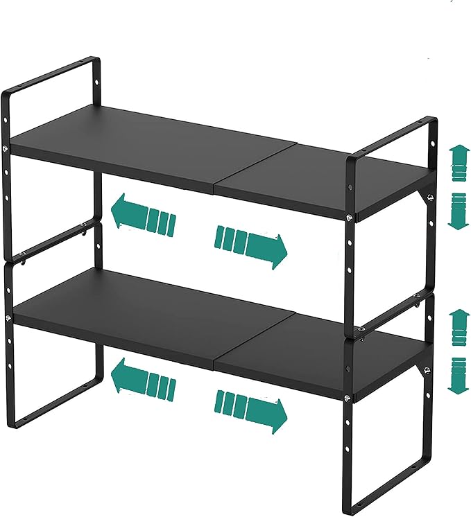 Expandable Cabinet Shelf Organizer Rack, Stackable Kitchen Counter Storage Shelves Stand, Adjustable Height Pantry Shelf Spice Rack, Heavy Duty Nonslip Black Large 2Pack