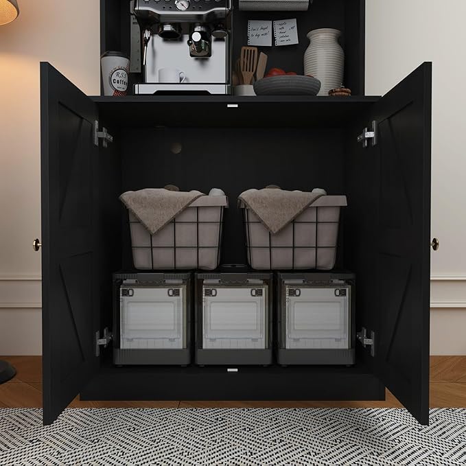 71" Tall Farmhouse Kitchen Pantry, Large Storage Cabinet with Drawers, Freestanding Coffee Bar Hutch with Microwave Stand, Adjustable Shelves for Kitchen, Living Room, Black 3 Pcs