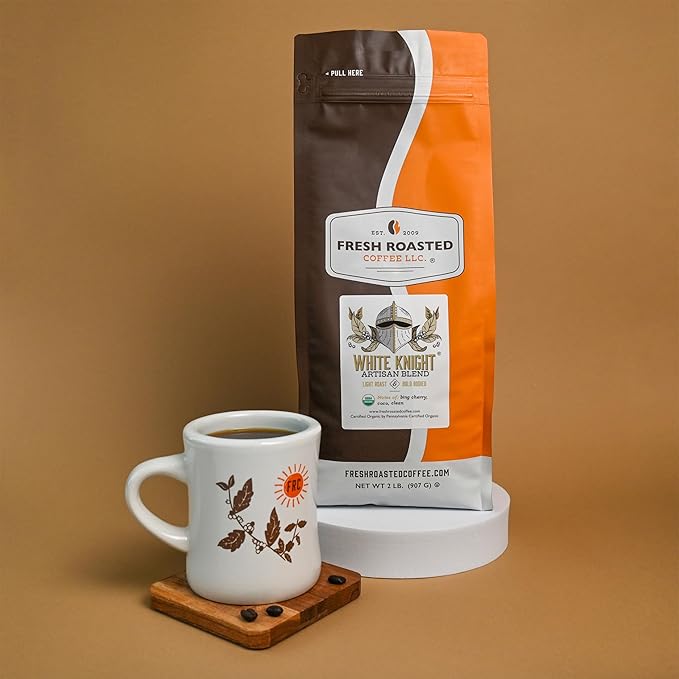 Fresh Roasted Coffee, Organic White Knight | USDA Organic, Kosher | Light Roast 2 lb (32 oz), Whole Bean
