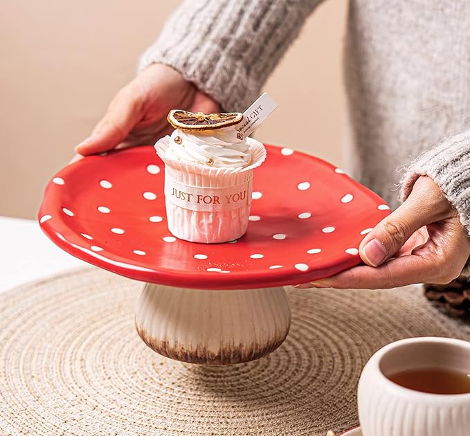 Mushroom Cake Stand, 9 in Polka Dot Safety Ceramic Display Plate Serving Tray, Cute Dinner Plates, Pasta & More.
