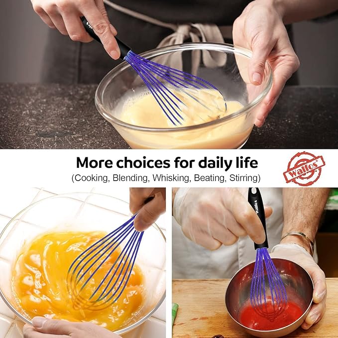 Walfos Whisk,7+9+11in Silicone Whisks for Cooking Non Scatch,Kitchen Whisk,BPA Free and Heat Resistant 480째F,Wisk Perfect for Frothing,Blending,Beating.Dishwasher Safe 3pcs Dark Purple
