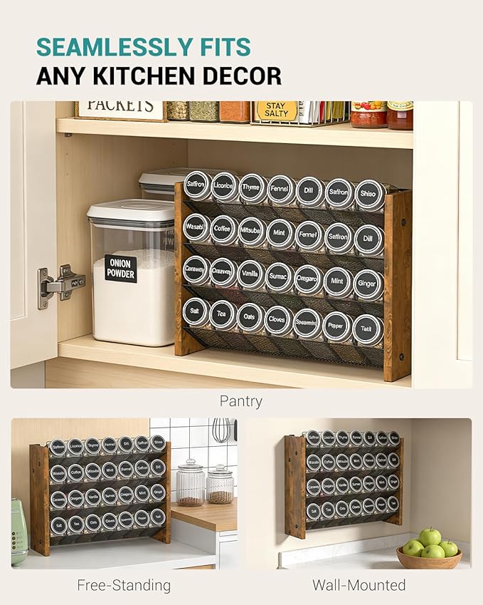 NESAPTO Spice Rack Organizer for Cabinet, Wooden 4 Tier Vertical Seasoning Organizers for Kitchen Pantry, Countertop/Wall Mount, Holds 28 Spice Jars (No Jars Included), 14" W 횞 9.4" H