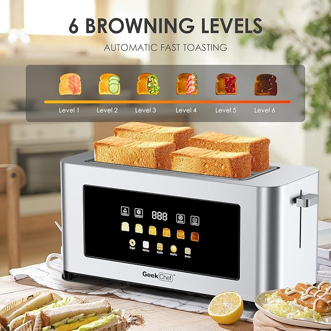 Geek Chef Long Slot Toaster 4 Slice, 1.5" Touch Screen Extra Wide Slots for Bagels & Waffles, 6 Browning Levels, Timer, Reheat, Defrost, Cancel Function, Removable Crumb Tray, Stainless Steel
