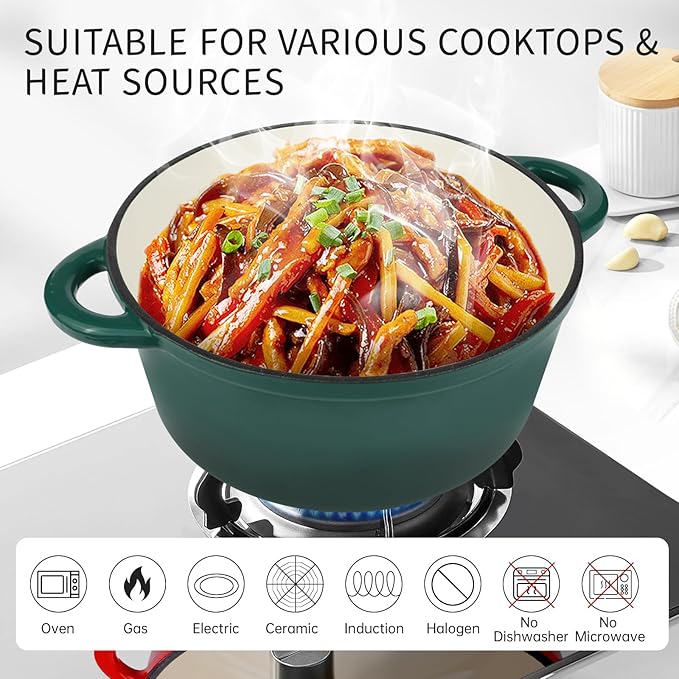 6 Quart Enameled Cast Iron Dutch Oven Pot with Lid, Oven Safe up to 500째F or on Stovetop, Non-stick Dutch Oven for Bread Baking, Cooking, Dual Handles Cookware, Green