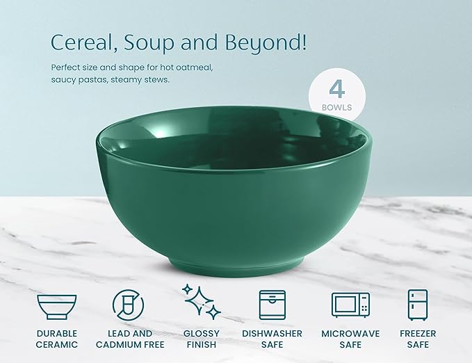 KooK Soup Bowls, Cereal Bowl, Ceramic, Bowls for Kitchen, Microwave, Dishwasher and Freezer Safe, Porcelain Dishes for Pasta, Salad, Oatmeal, Deep Interior, 20 oz, Set of 6, (Hunter Green)
