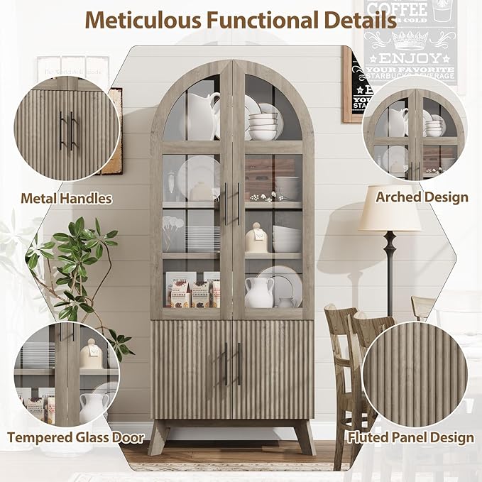 QUW 71" Modern Fluted Display Cabinet, Fluted Arched Pantry Cabinet, Tall Kitchen Storage Pantry with Adjustable Shelf, Storage Cabinet for Living Room, Dining Room, Grey