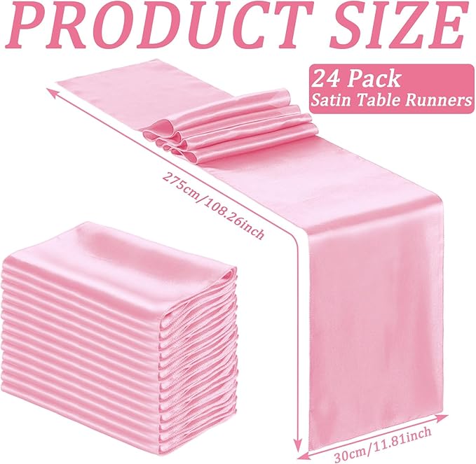 Bencailor 24 Pcs Pink Satin Table Runner Bulk 12 x 108 Inches Long Table Runners Bright Smooth Fabric Tablecloth for Wedding Banquet Birthday Valentines St Patrick's Day Party Decorations