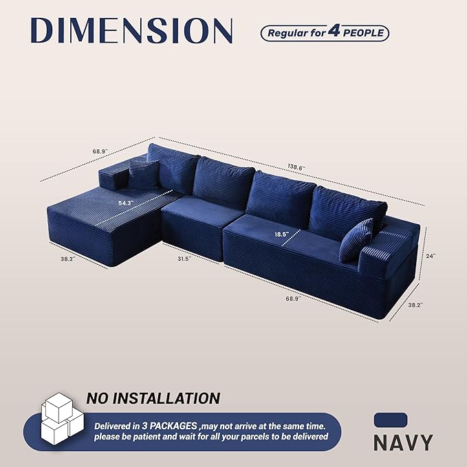 138" Boneless Couch with Deep Seat, Modular Sectional Sofa, Cloud Sectional Couch for Living Room, No Assembly Required, Corduroy, 4 Seater L-Shape Left, Blue