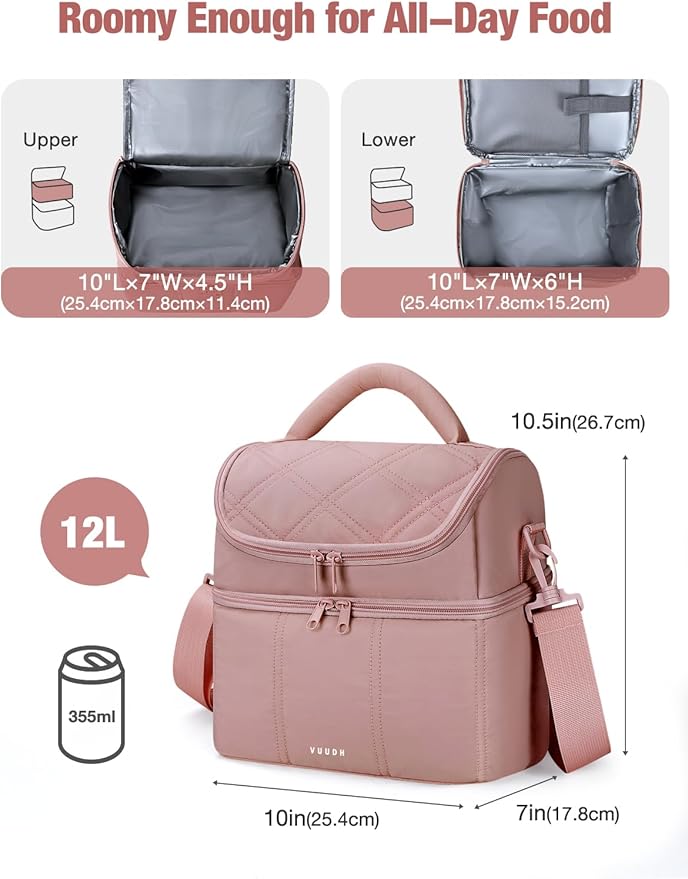 Vuudh Insulated Lunch Bags for Women, Quilted Lunch Box, Lightweight Puffy Padded Waterproof Lunch Tote, Reusable Lunch Cooler bag for Work Picnic Travel